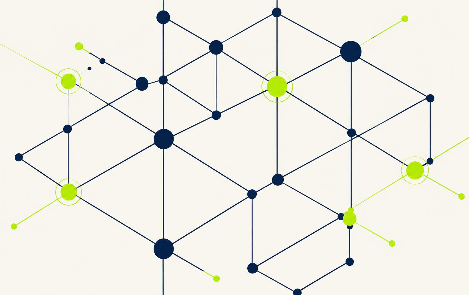 Abstract diagram of connected navy nodes with lime highlights representing software components