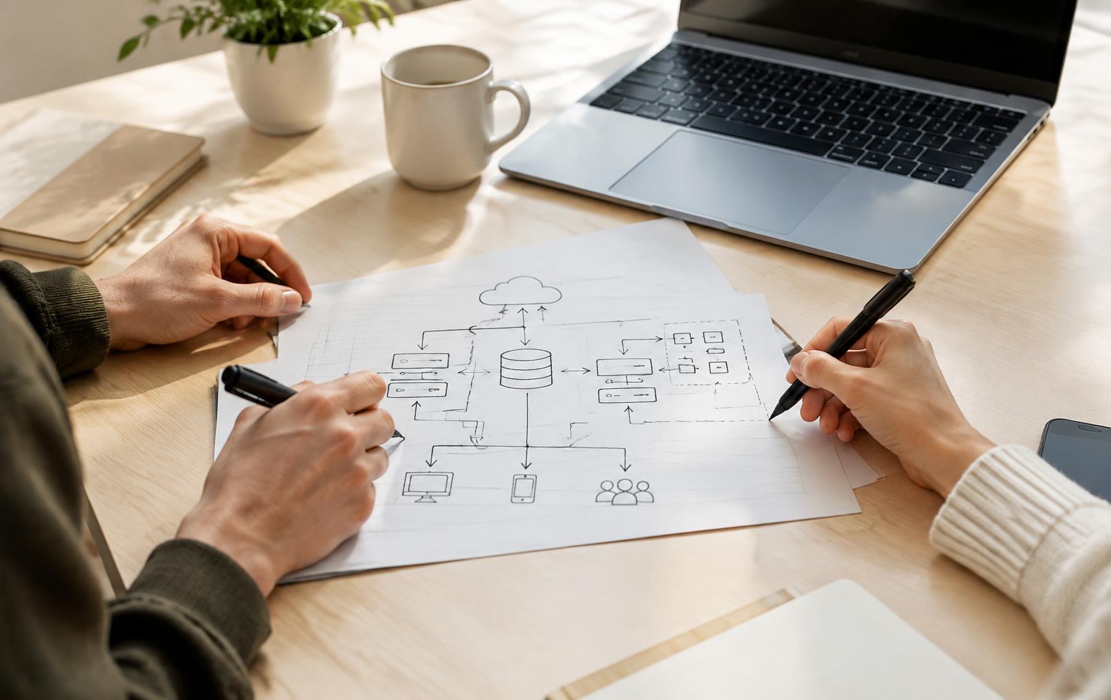 Two people sketching a system architecture diagram on paper beside a laptop
